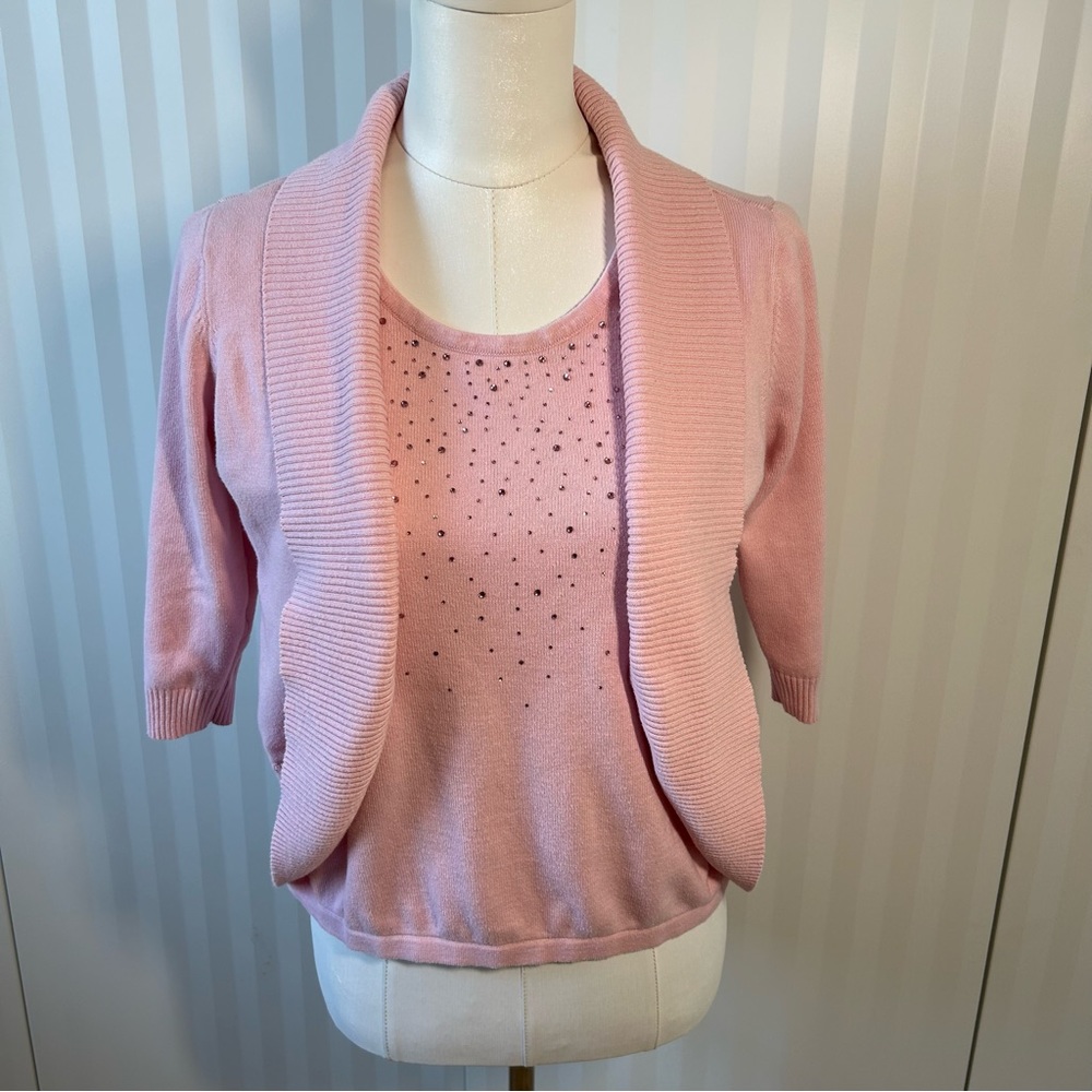 TanJay petite pale pink sparkle rhinestones fooler cardigan tank sweater Size M